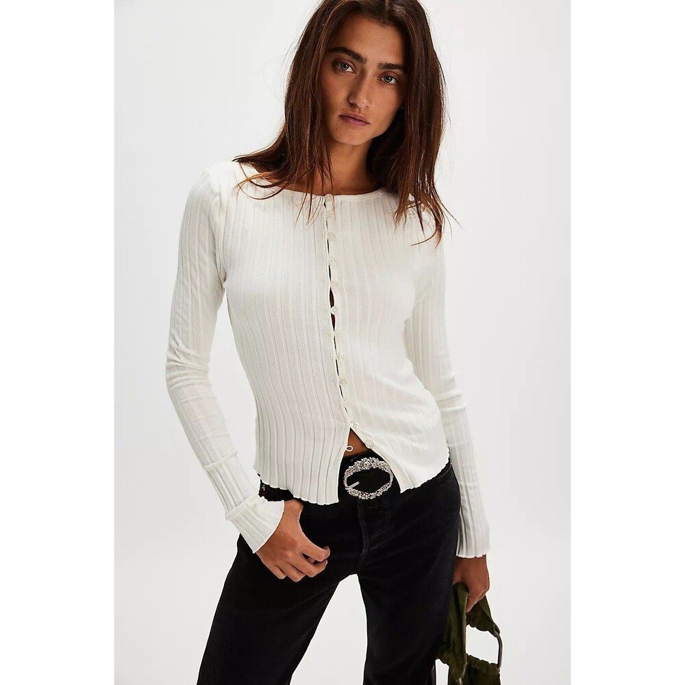 Free People Tilly Long-Sleeve Cardi Blouse Top Knit Ribbed Button Down S 280556
